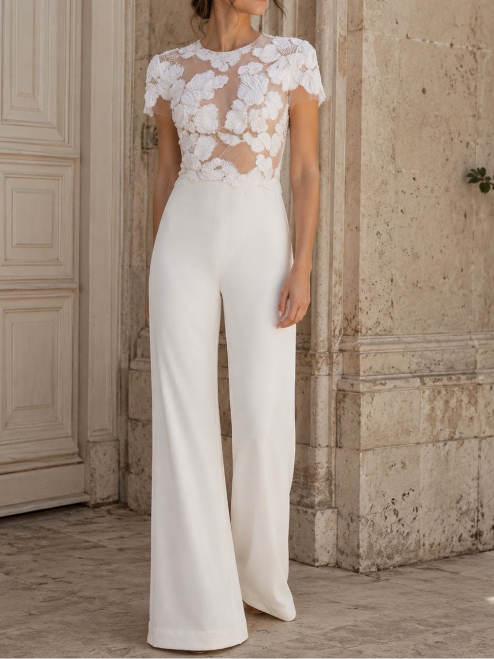 Nadine Merabi Sloane Beaded Floral Appliqué Wide Leg Cocktail Jumpsuit White